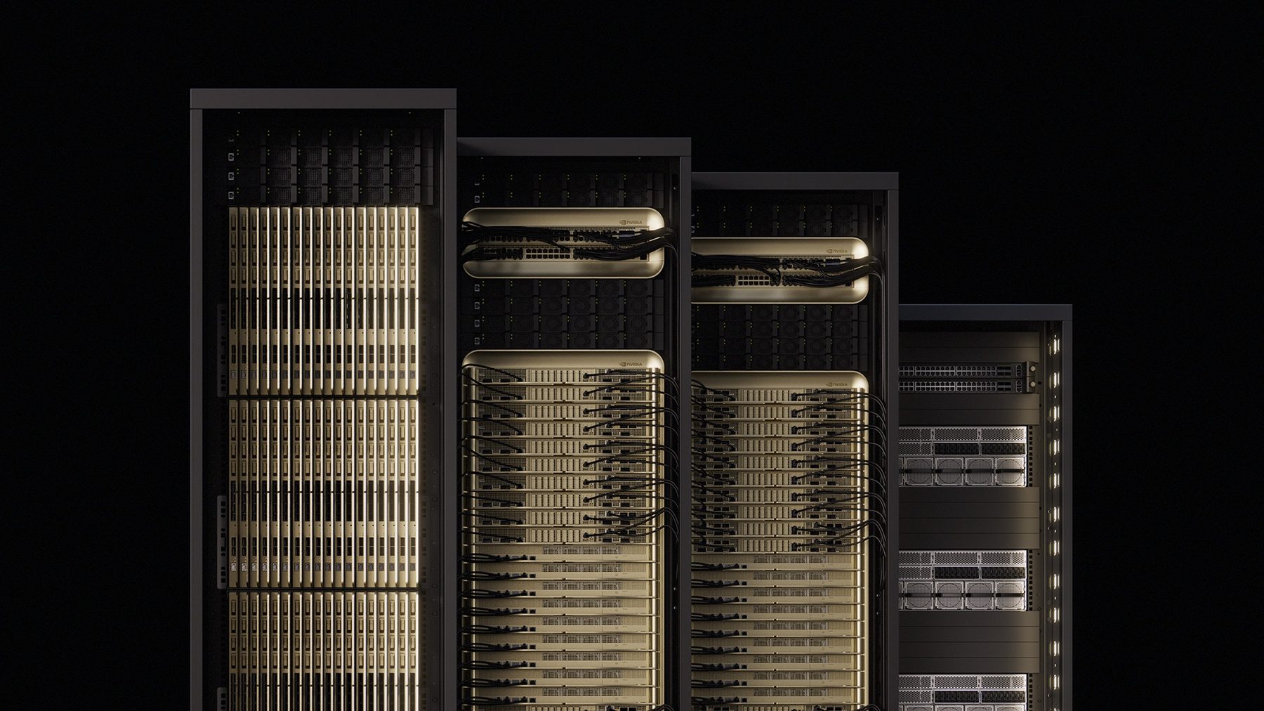 Row of NVIDIA GPU compute racks with dense internal cabling and cooling, descending in height, on a black background