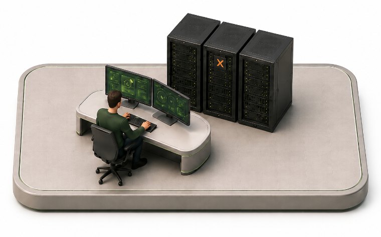 Isometric illustration of a ModernOps engineer at a dual-monitor console beside an engineered Proxmox VE rack row