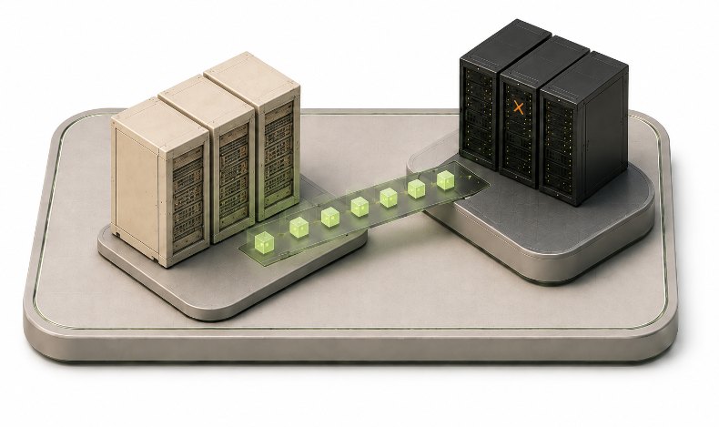 Isometric illustration of workloads moving along a lit path from crated legacy servers onto a Proxmox VE rack