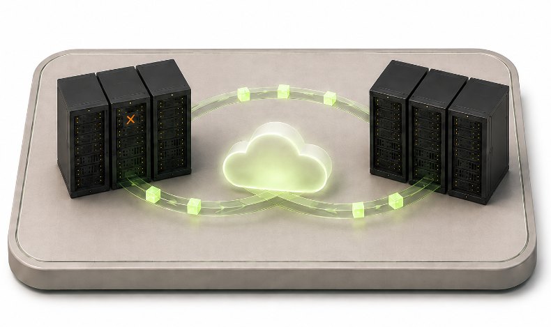 Isometric illustration of two Proxmox VE rack rows replicating through a managed cloud layer between sites