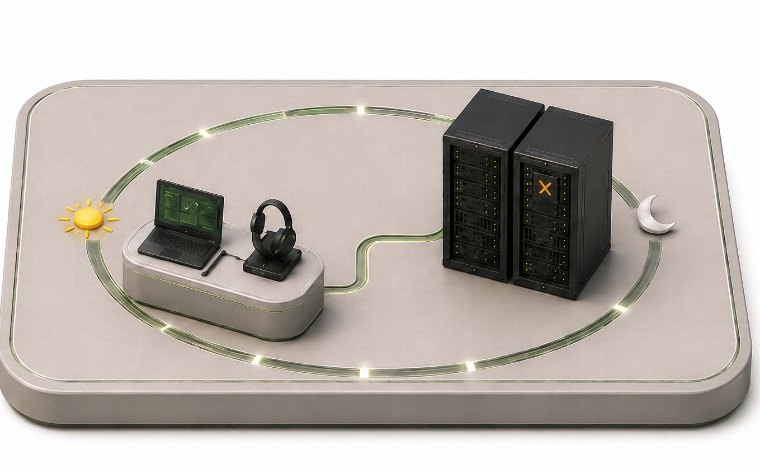 Isometric illustration of a support console linked to a Proxmox VE rack inside a day and night coverage ring