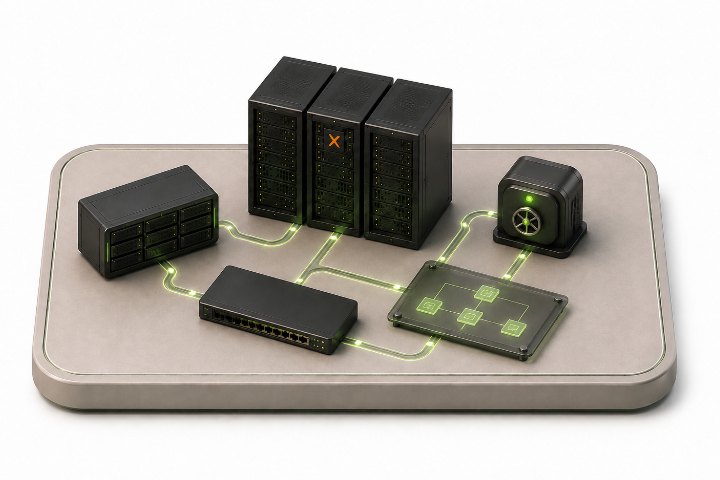 Isometric render of a documented Proxmox VE environment: storage, switch, cluster, backup target and topology map