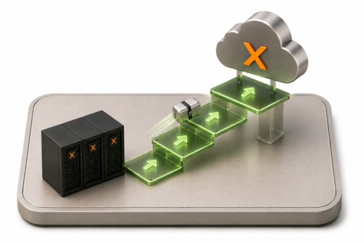 Isometric render of a ticket climbing green steps from a Proxmox VE cluster to a Proxmox cloud