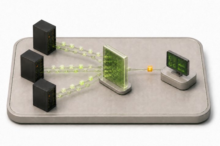 Isometric render of alerts from three Proxmox VE hosts passing through a filter to a monitoring console