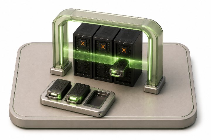 Isometric render of a Proxmox VE cluster under a green update gate with tested release modules
