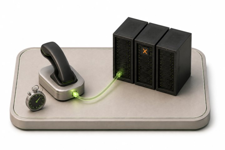 Isometric render of a phone handset and stopwatch wired to a Proxmox VE cluster
