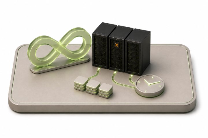 Isometric render of an infinity loop, stacked tickets and a clock beside a Proxmox VE cluster