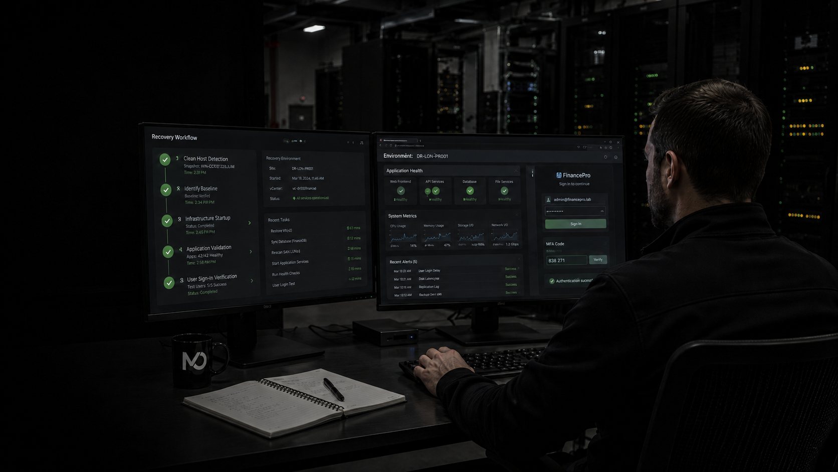 ModernOps engineer running a timed restore validation across dual monitors: a five-step recovery workflow with clean-point selection, identity restore and application validation on the left, and application health plus user sign-in verification on the right