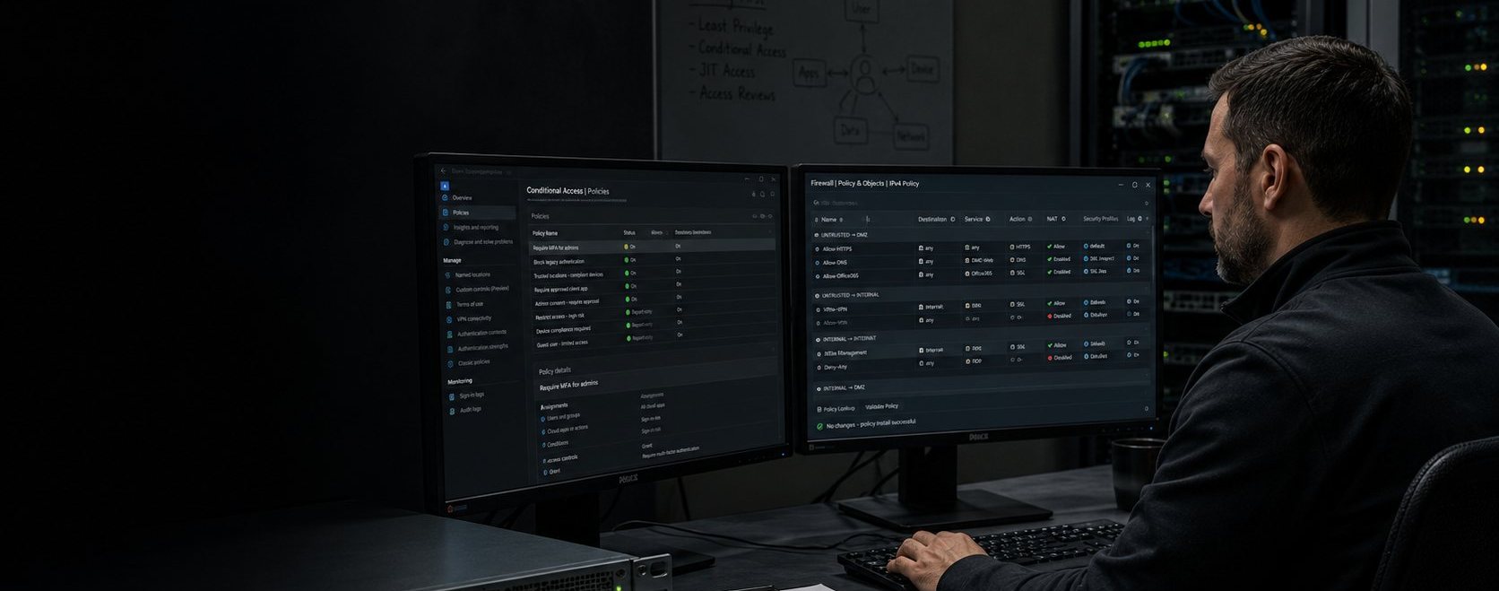 ModernOps engineer reviewing conditional-access identity policies on one monitor and firewall IPv4 policy rules on another, with a firewall appliance and a change implementation plan on the desk and an identity-first zero-trust diagram on the whiteboard