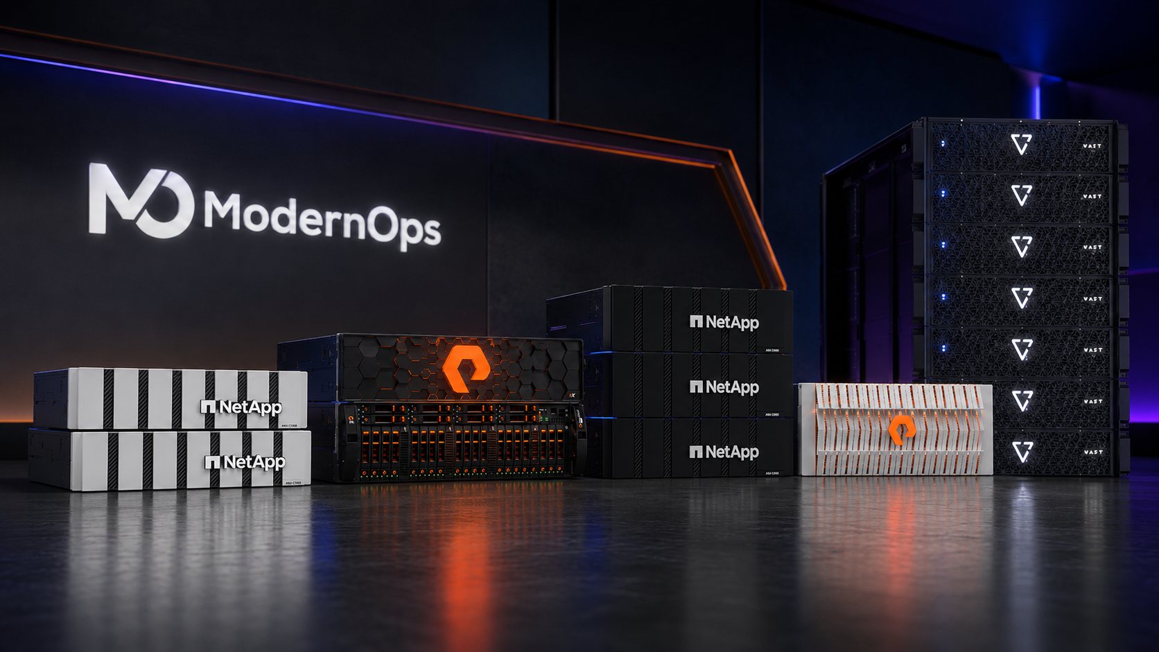 A lineup of enterprise storage arrays ModernOps sells and architects: NetApp AFF and C-series systems, a Pure Storage FlashArray, and a stacked VAST Data cluster, staged in front of the ModernOps wordmark