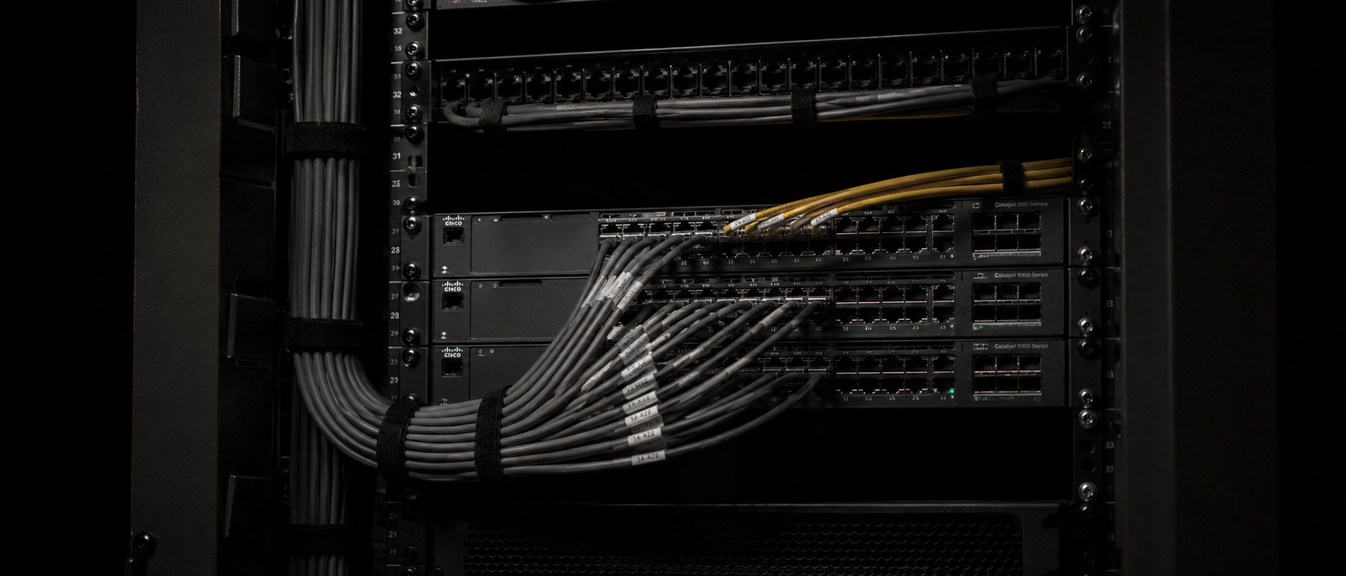 Labeled structured-cabling bundles dressed into a stacked Cisco Catalyst 9300 switch stack in a production rack